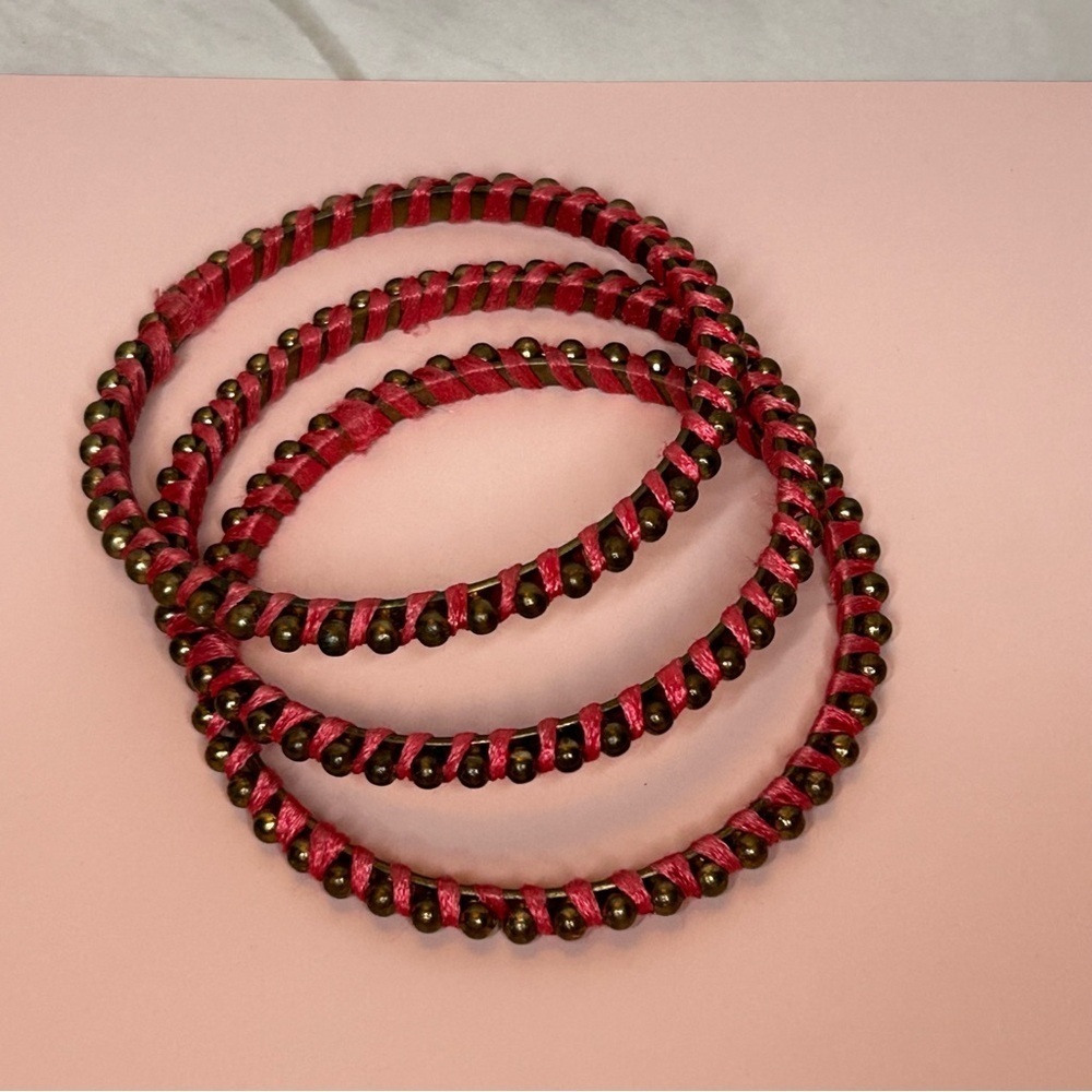 Set of Three Bright Pink and Bronze Metal Bangle Bracelets
